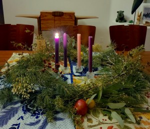 Advent candles for first Sunday. From Diana Gabaldon.